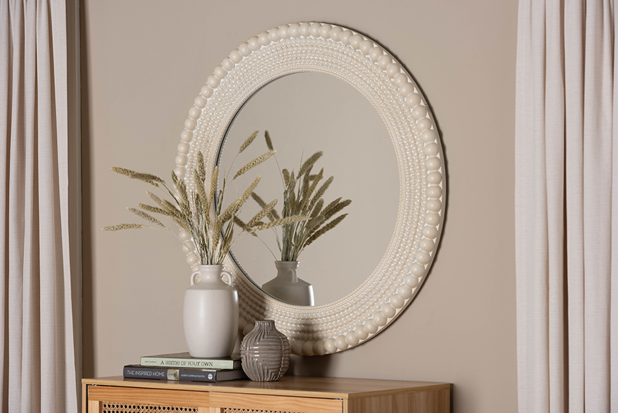 Picture of Baxton Studio 193271429028 32.1 x 1.5 x 32.1 in. Grazia Modern Pearl White Round Beaded-Framed Accent Mirror