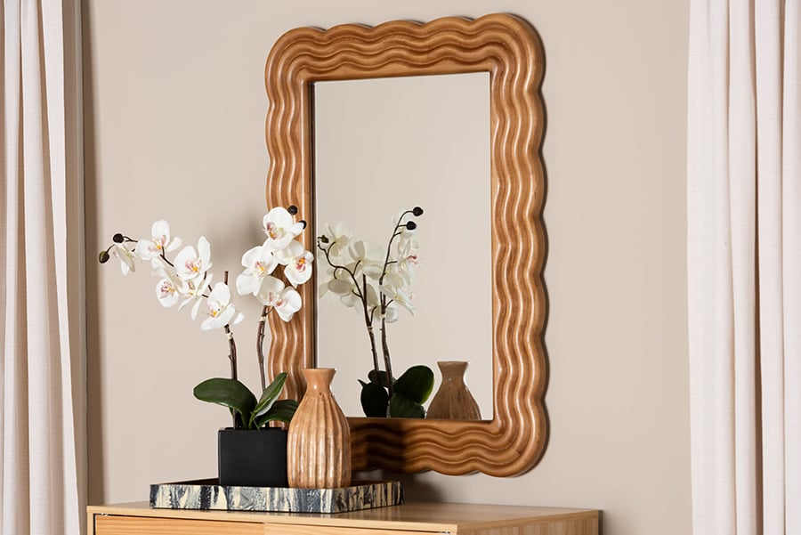 Picture of Baxton Studio 193271429035 23.6 x 1 x 31.5 in. Acantha Modern Walnut Brown Scallop-Framed Accent Mirror