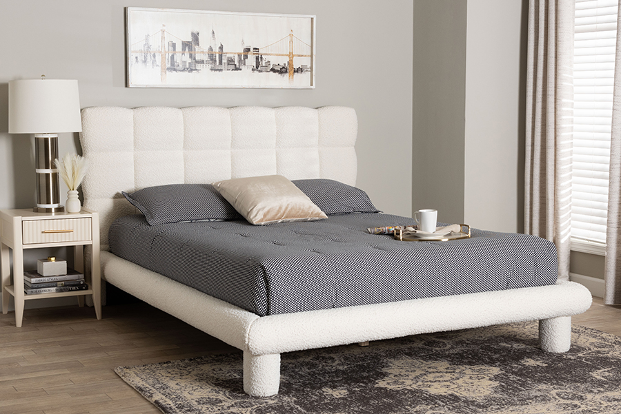 193271420995 Ralayna Modern Luxe Ivory Boucle Fabric Queen Size Bed