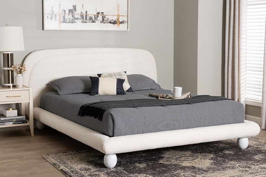 193271421008 Eladio Modern Luxe Ivory & White Boucle Fabric Queen Size Bed