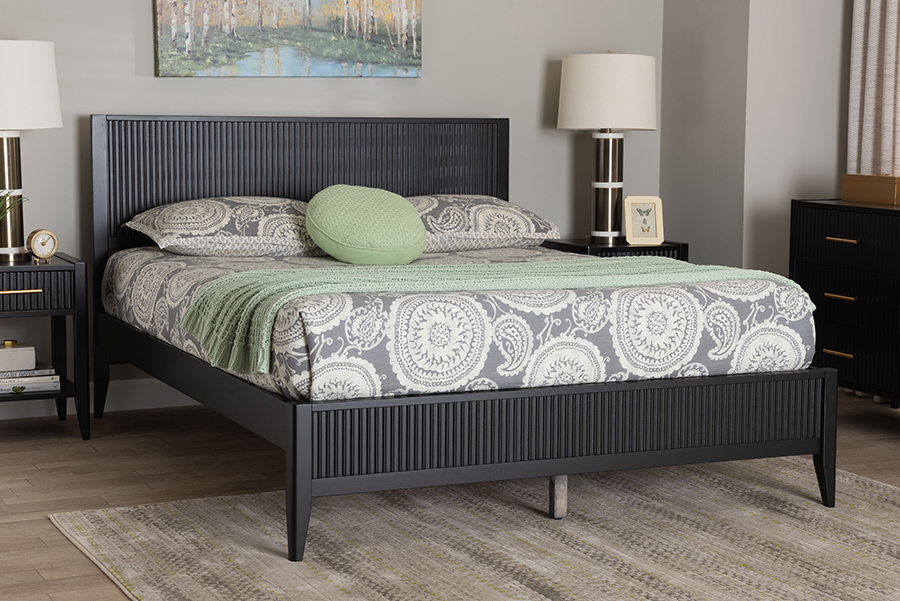 193271432790 Primrose Mid-Century Black Fluted Wood King Size Platform Bed