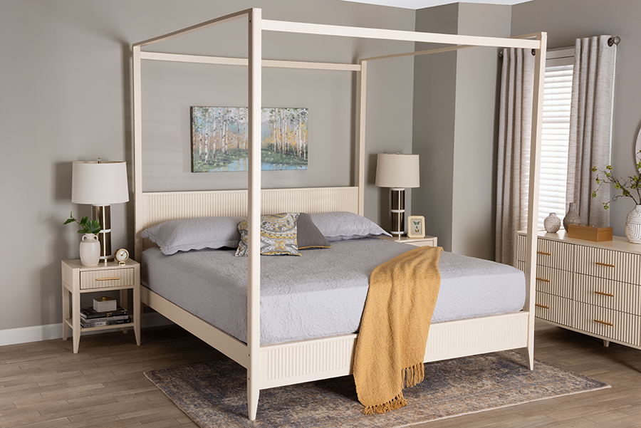 193271432820 Primrose Mid-Century Ivory Fluted Wood King Size Canopy Bed
