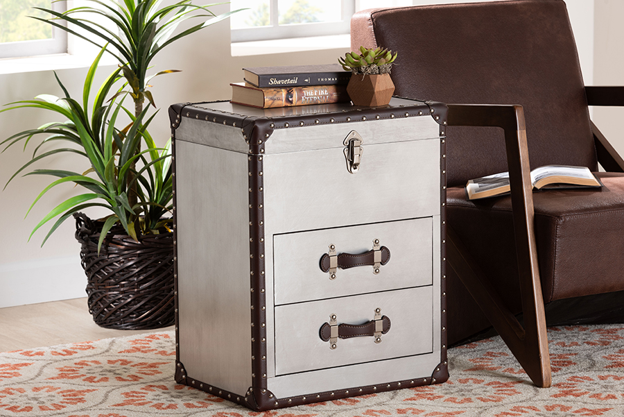193271434893 Calidore Vintage Silver Metal 2-Drawer End Table