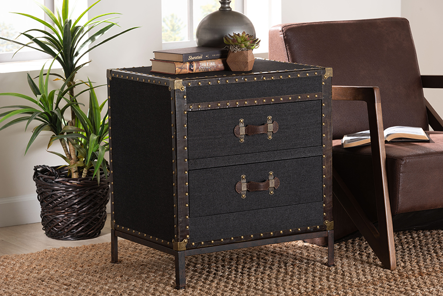 193271436897 Laura Vintage Black Canvas 2-Drawer End Table Trunk