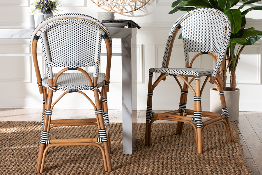 193271443123 2 Piece Genica Classic French Two-Tone Navy, White Weaving & Natural Rattan Counter Stool Set