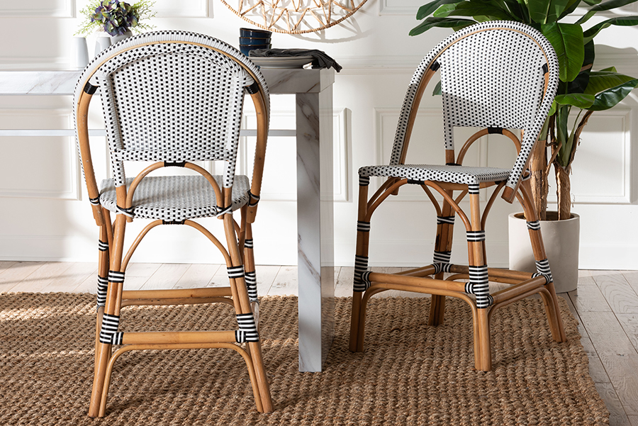 193271443147 2 Piece Genica Classic French Two-Tone Black, White Weaving & Natural Rattan Counter Stool Set