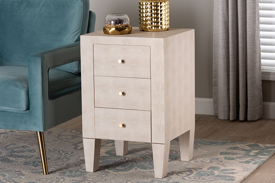 193271443451 Leyna Modern Beige Faux Shagreen 3-Drawer End Table