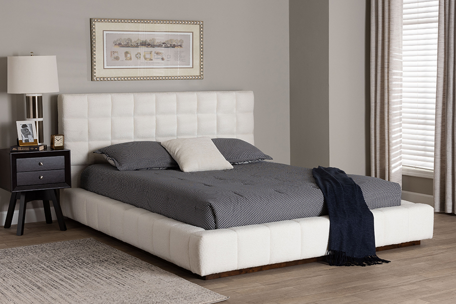 193271433926 Braylin Glam & Luxe Teddy-Bear Fabric Platform Bed, White - King Size