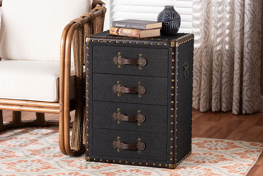 193271443239 Jaelyn Vintage Canvas 4-Drawer End Table, Black, Brown & Dark Brown