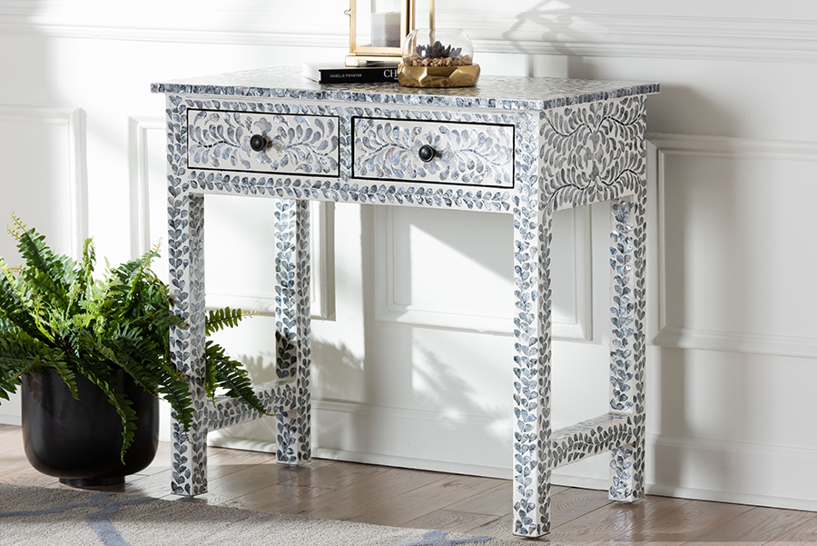 193271445523 Diata Coastal Mother of Pearl Capiz Shell 2-Drawer Console Table, Mosaic Black & White