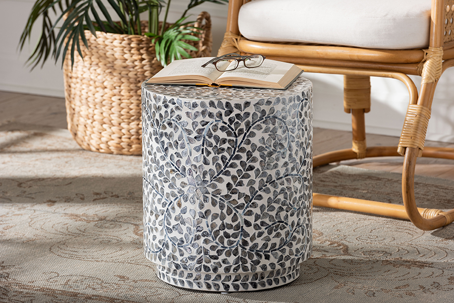 193271445530 Marilla Coastal Mother of Pearl Capiz Shell Ottoman Footstool, Mosaic Black & White