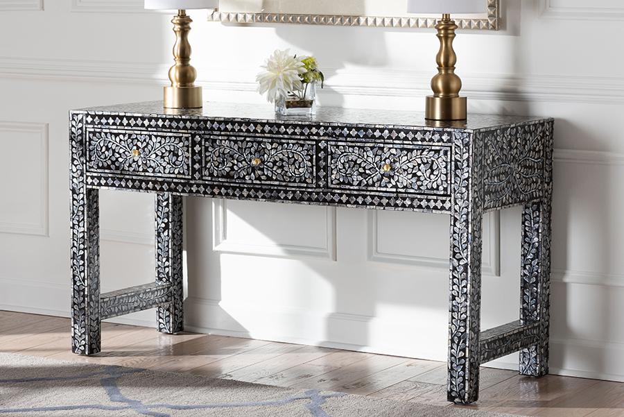 193271445554 Elara Coastal Mother of Pearl Capiz Shell 3-Drawer Console Table, Mosaic Black & White