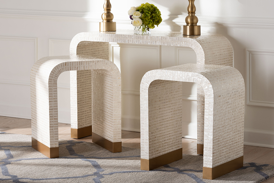 193271445592 Carlyn Coastal Mother of Pearl Capiz Shell Accent Table Set, Beige, White & Gold - 3 Piece