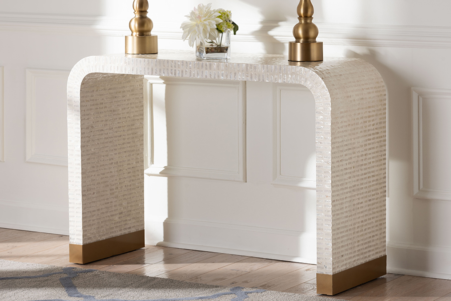 193271445608 Carlyn Coastal Mother of Pearl Capiz Shell Console Table, Beige, White & Gold
