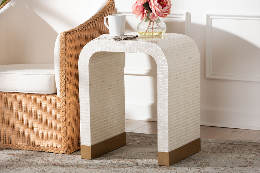 193271445615 Carlyn Coastal Mother of Pearl Capiz Shell End Table, Beige, White & Gold