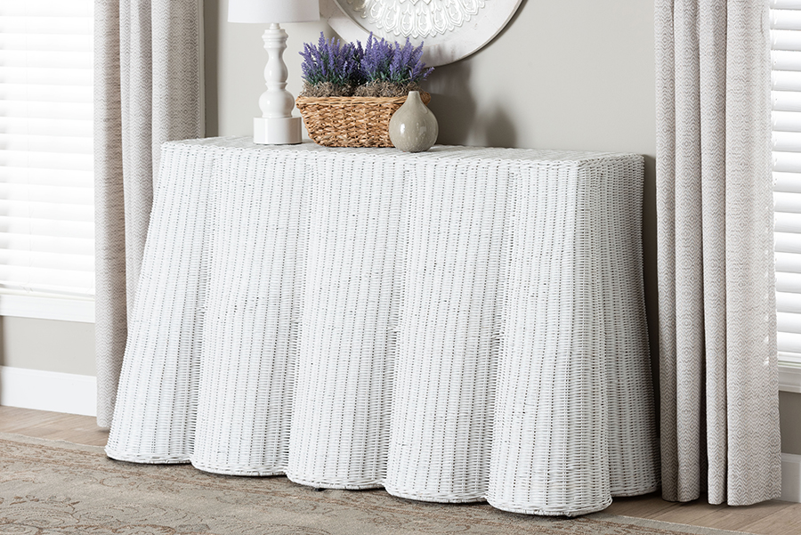 bali & pari bali and pari Palm Scallop Console Table with Rattan and Metal Frame - White