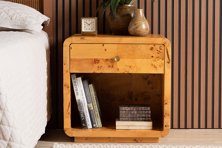 193271443499 24 x 18 x 24 in. Netra Modern Contemporary Natural Real Wood 1 Drawer Nightstand, Light Mappa Burl