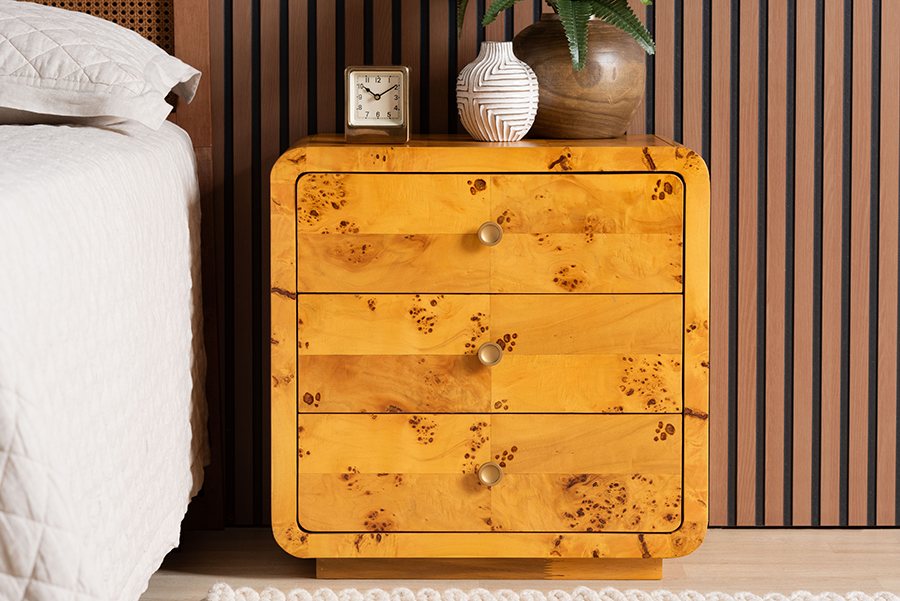 193271443482 24 x 18 x 24 in. Netra Modern Contemporary Natural Real Wood 3 Drawer Nightstand, Light Mappa Burl