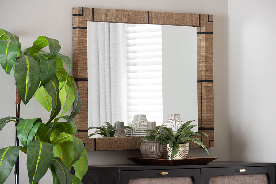 193271447824 Mirai Bohemian Woven Grass Cloth Rectangle Accent Mirror, Natural & Black