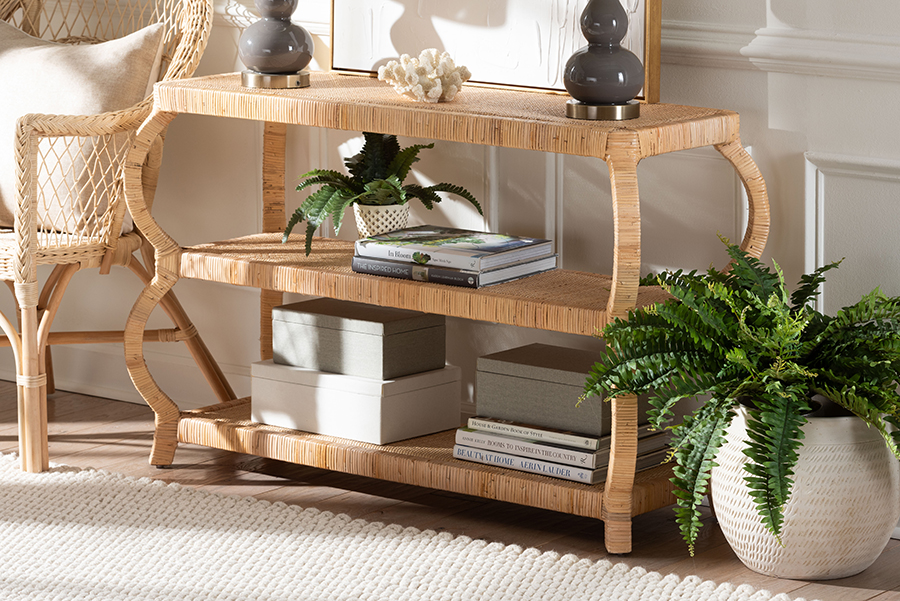 bali & pari bali and pari Dalida Rustic Mahogany and Rattan 3-Tier Console Table