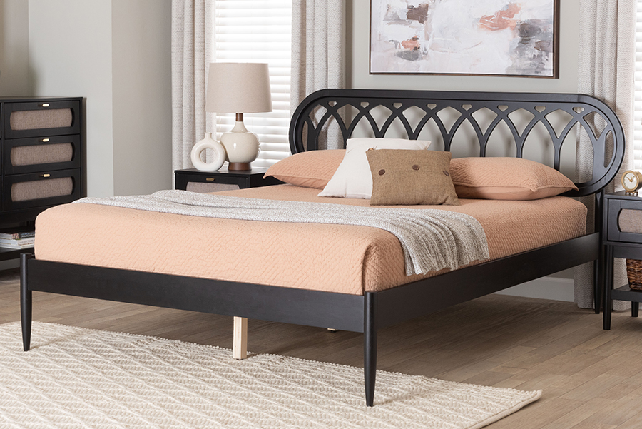 193271456079 Florica Art Deco Wood Platform Bed, Black - Queen Size
