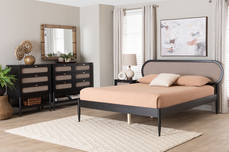 Picture of Baxton Studio 193271456109 Shirin Mid Century Fabric Wood Bedroom Set - Beige & Black - Queen Size - 4 Piece