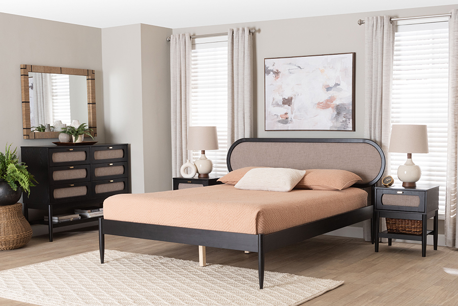 Picture of Baxton Studio 193271456116 Shirin Mid Century Fabric Wood Bedroom Set with Two Nightstands - Beige & Black - Queen Size - 4 Piece