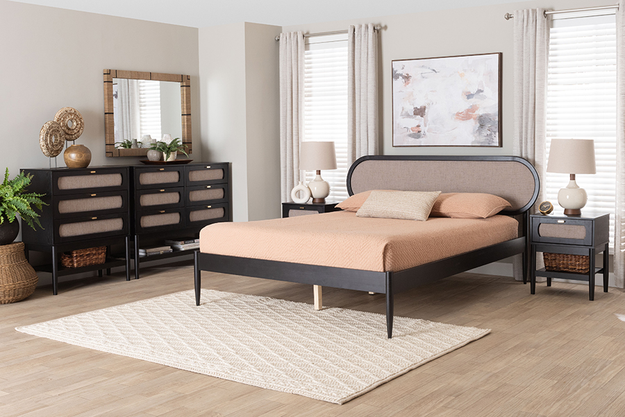 Picture of Baxton Studio 193271456123 Shirin Mid Century Fabric Wood Bedroom Set - Beige & Black - Queen Size - 5 Piece