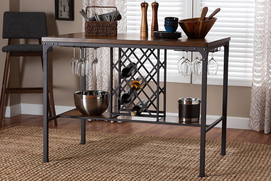 193271478880 Vintner Industrial Pub Table with Built-In Wine Cage, Brown & Black