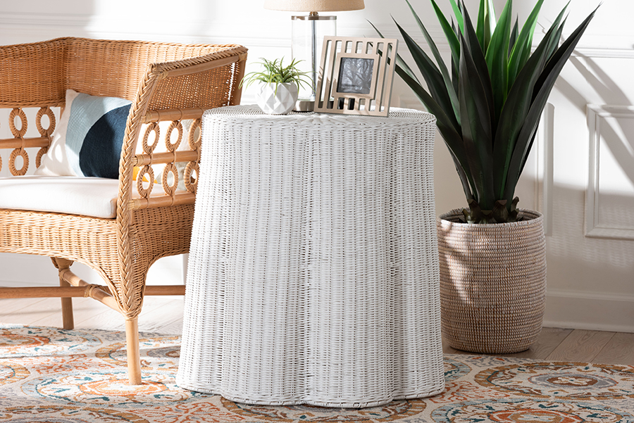 193271452941 Palm Bohemian Scalloped Rattan End Table, White