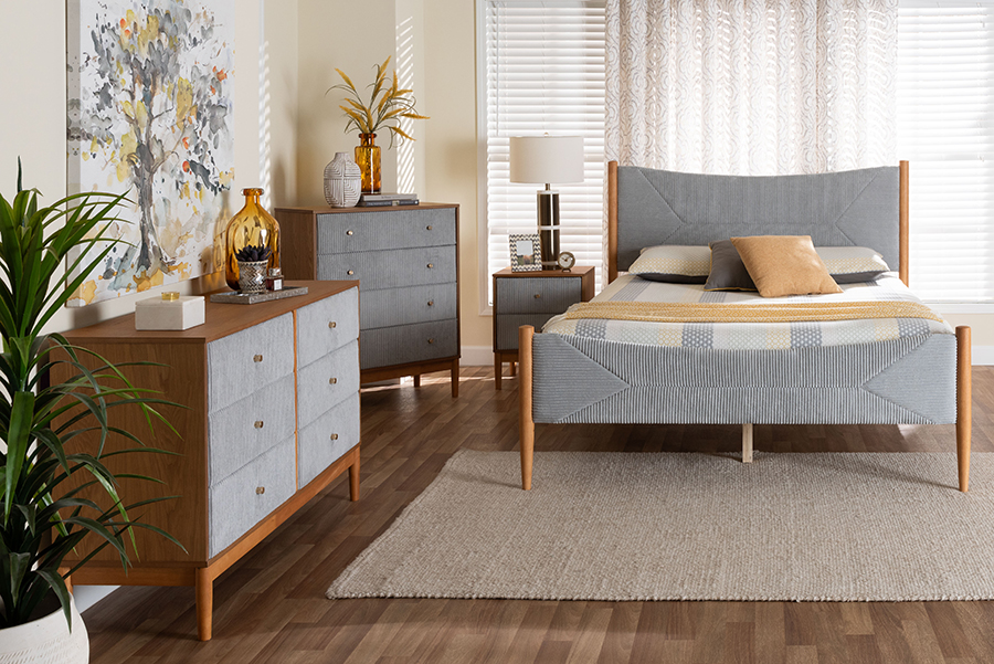Picture of Baxton Studio 193271455942 Taylin Mid-Century Grey Corduroy & Oak Brown Wood Queen Size 4 Piece Bedroom Set&#44; 21.90 in.