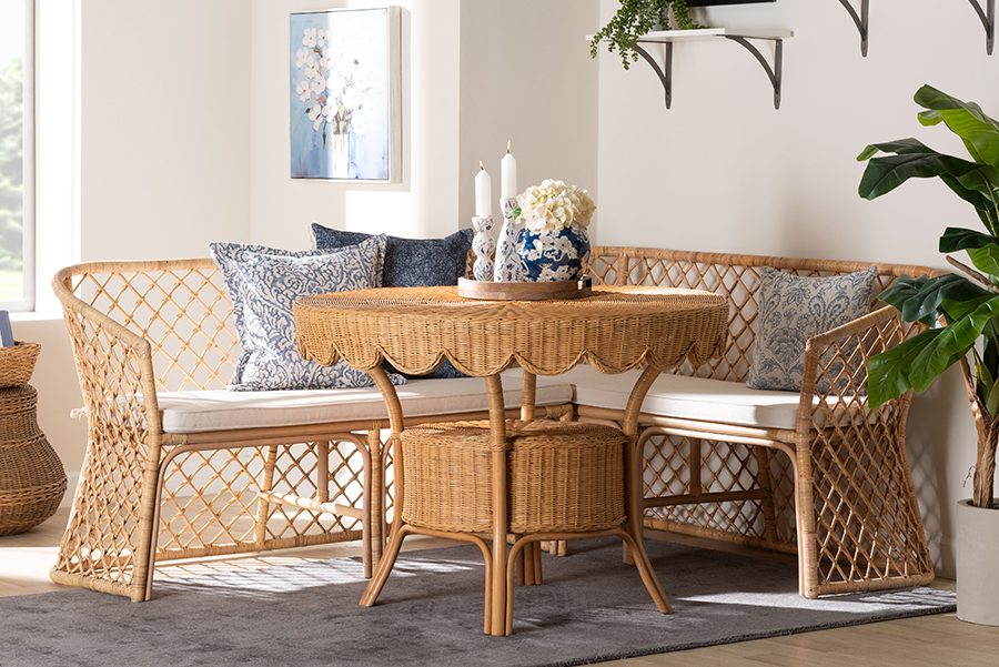 193271459889  Frayne Bohemian Light Honey Rattan 3 Piece Dining Nook Set