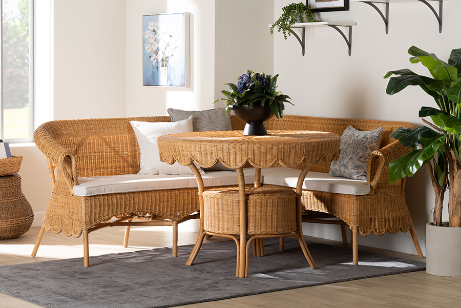 193271459902  Keitha Bohemian Light Honey Rattan 3 Piece Dining Nook Set