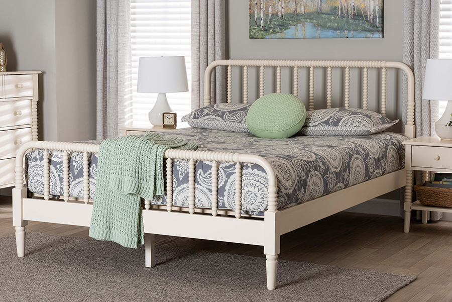 193271464074 Braith Farmhouse Ivory Spindle Wood Queen Size Platform Bed