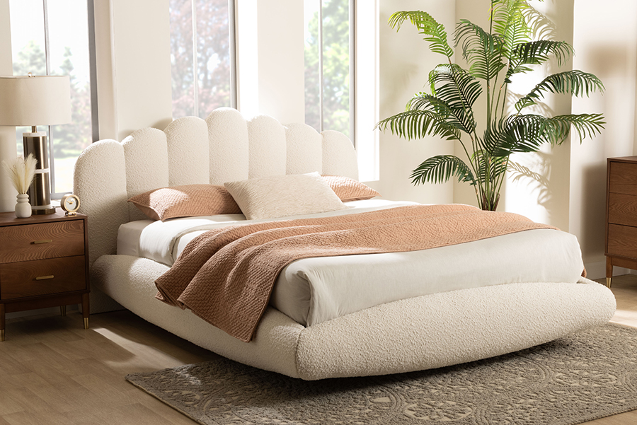 193271469697 Grenier Modern Cream Boucle Fabric King Size Floating Bed