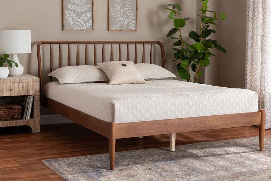 193271436149 Maeron Mid-Century Modern Walnut Brown Queen Size Platform Bed with Spindle Headboard