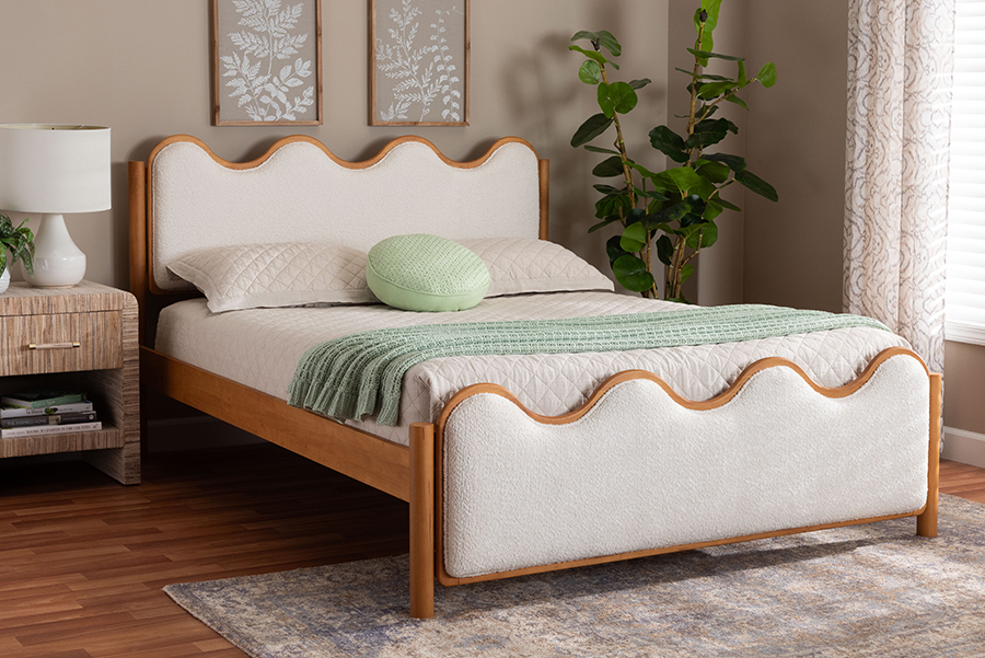 193271436170 Lilia Mid-Century Modern Scalloped Cream Boucle & Oak Brown Wood Queen Size Platform Bed