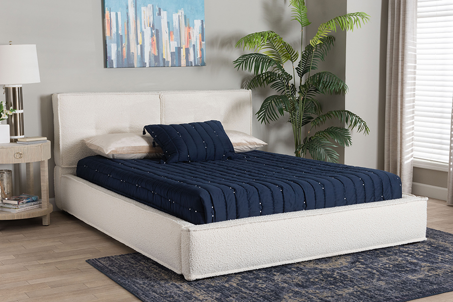 193271437634 Laverick Modern Cream Boucle Queen Size Platform Bed with Border Piping