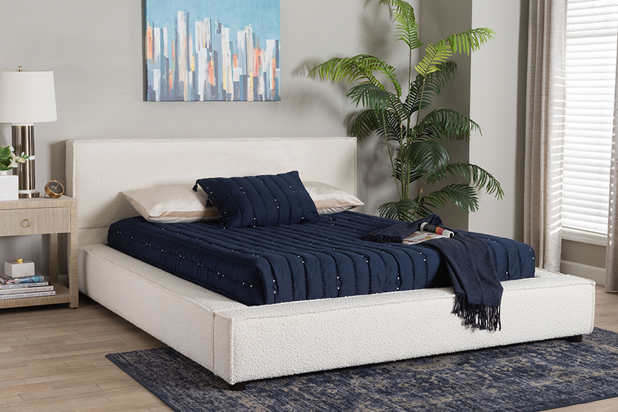 193271437672 Bardia Modern Cream Boucle Queen Size Platform Bed with Wide Railing