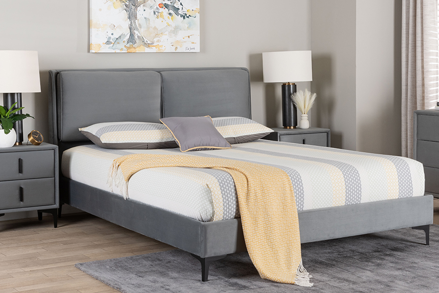 193271445622 Etienne Modern Slate Grey Velvet Queen Size Platform Bed