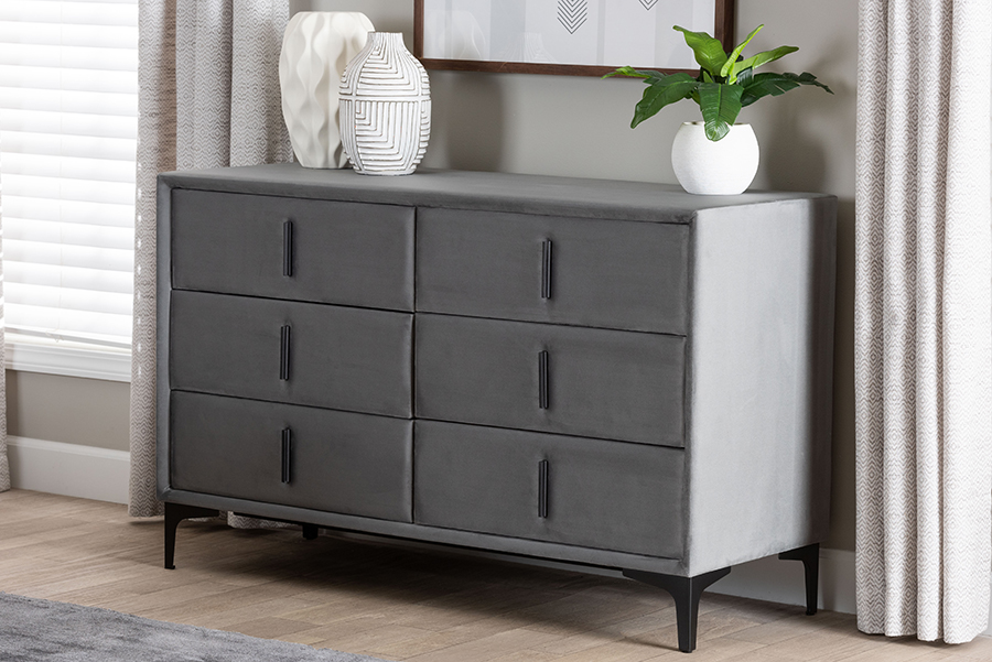 193271445653 Etienne Modern Slate Grey Velvet 6-Drawer Dresser