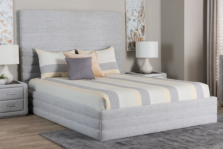 193271445677 Cadmus Modern Light Grey Channel-Tufted Fabric Queen Size Platform Bed
