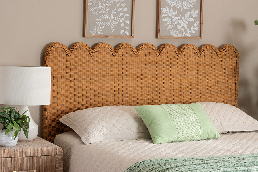 Picture of Bali & Pari 193271445905 Bali & Pari Maritza Bohemian Light Honey Scalloped Rattan Pitrit King Size Standalone Headboard