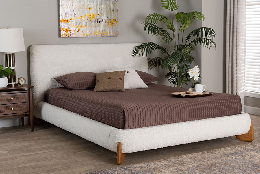 193271450886 Vinicio Mid-Century Modern Cream Boucle King Size Platform Bed