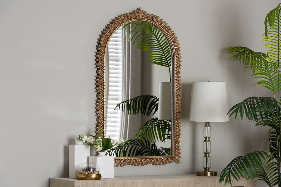 Picture of Baxton Studio 193271453023 Caitlin Antique Gold Finished Wood Arch Accent Wall Mirror with Carved Leaf Border