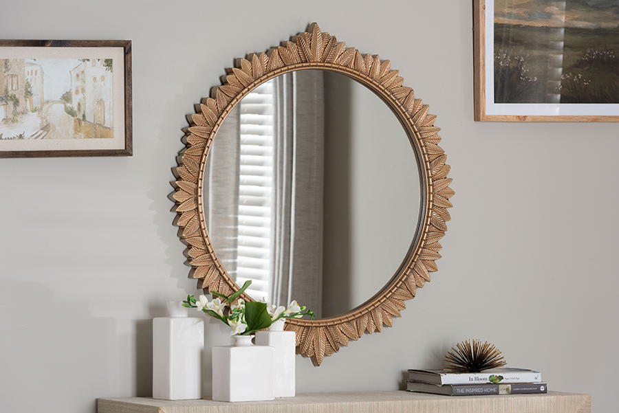 Picture of Baxton Studio 193271453061 Caitlin Antique Gold Finished Wood Round Accent Wall Mirror with Carved Leaf Border