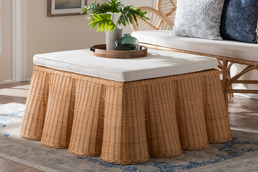 Picture of Bali & Pari 193271452231 35 in. Square Palm Scallop Natural Rattan Ottoman with Cushion - Light Honey