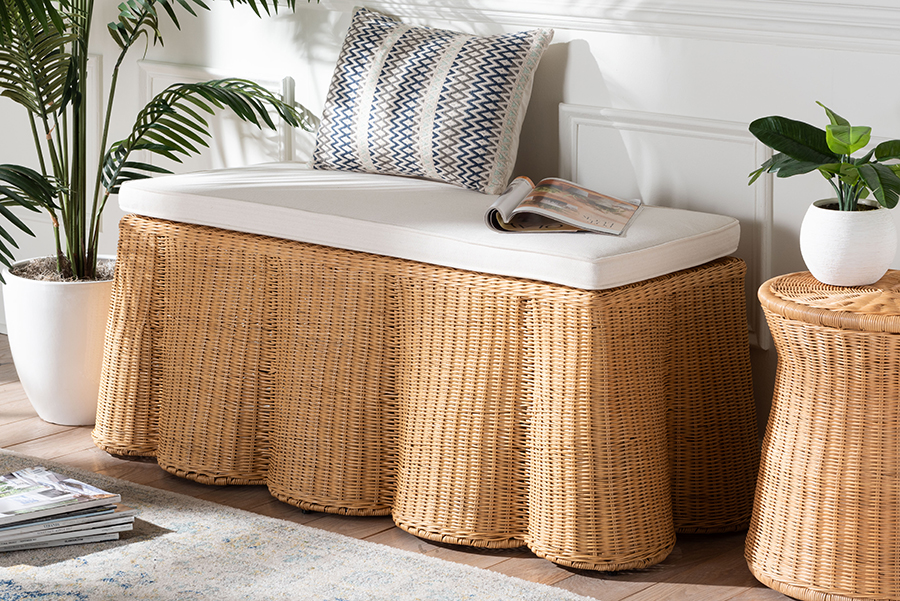 Picture of Bali & Pari 193271452248 Palm Scallop Rectangle Coastal Boho Style Handwoven Wicker Accent Natural Rattan Ottoman with Cushion - Light Honey