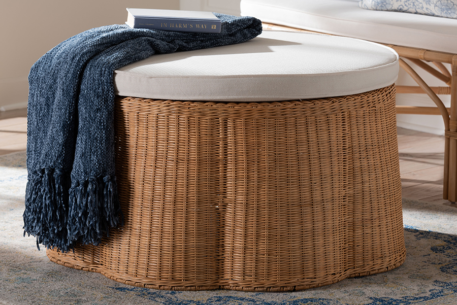 Picture of Bali & Pari 193271452255 32 in. Round Palm Scallop Coastal Boho Style Natural Rattan Ottoman with Cushion - Light Honey