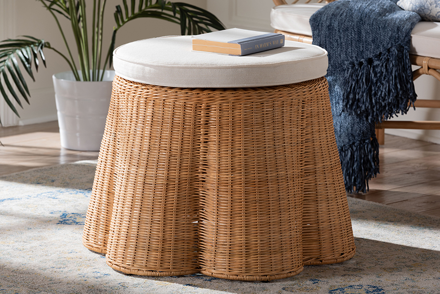 Picture of Bali & Pari 193271452262 26 in. Round Palm Scallop Coastal Boho Style Natural Rattan Ottoman with Cushion - Light Honey